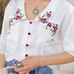 White Floral Embroidered Cropped Blouse