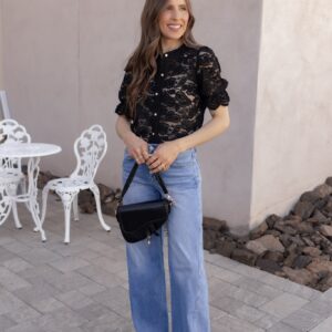 Black Lace Button-Up Short Sleeve Blouse