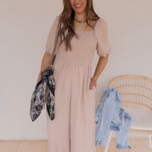 Bubble Sleeve Smocked Wide Leg Jumpsuit