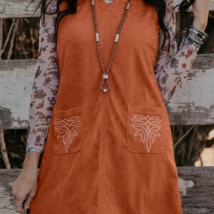 Embroidered Corduroy Patch Pocket Mini Dress