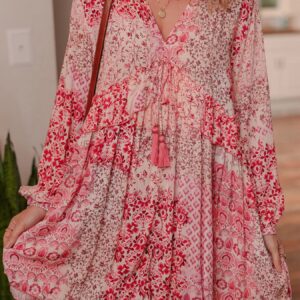 Floral Tassel Tie Long Sleeve Mini Dress