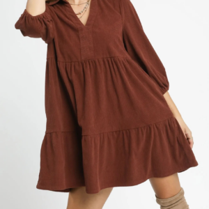 Tiered Corduroy Balloon Sleeve Mini Dress