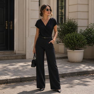 Black Draped V-Neck Short Sleeve Blouse