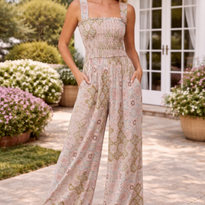 Smocked Boho Wide Leg Jumpsuit