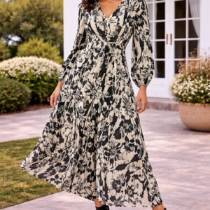 Printed Tie-Front V-Neck Long Sleeve Midi Dress