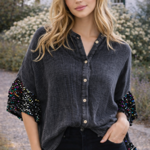 Charcoal Sequin Ruffle Button-Up Oversized Blouse