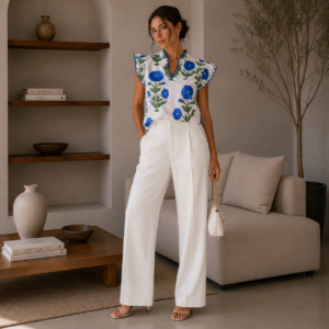 Blue Floral Scallop Trim V-Neck Short Sleeve Blouse