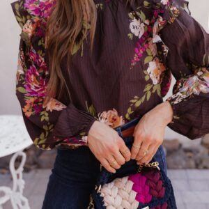 Floral Ruffle Draped Mock Neck Blouse