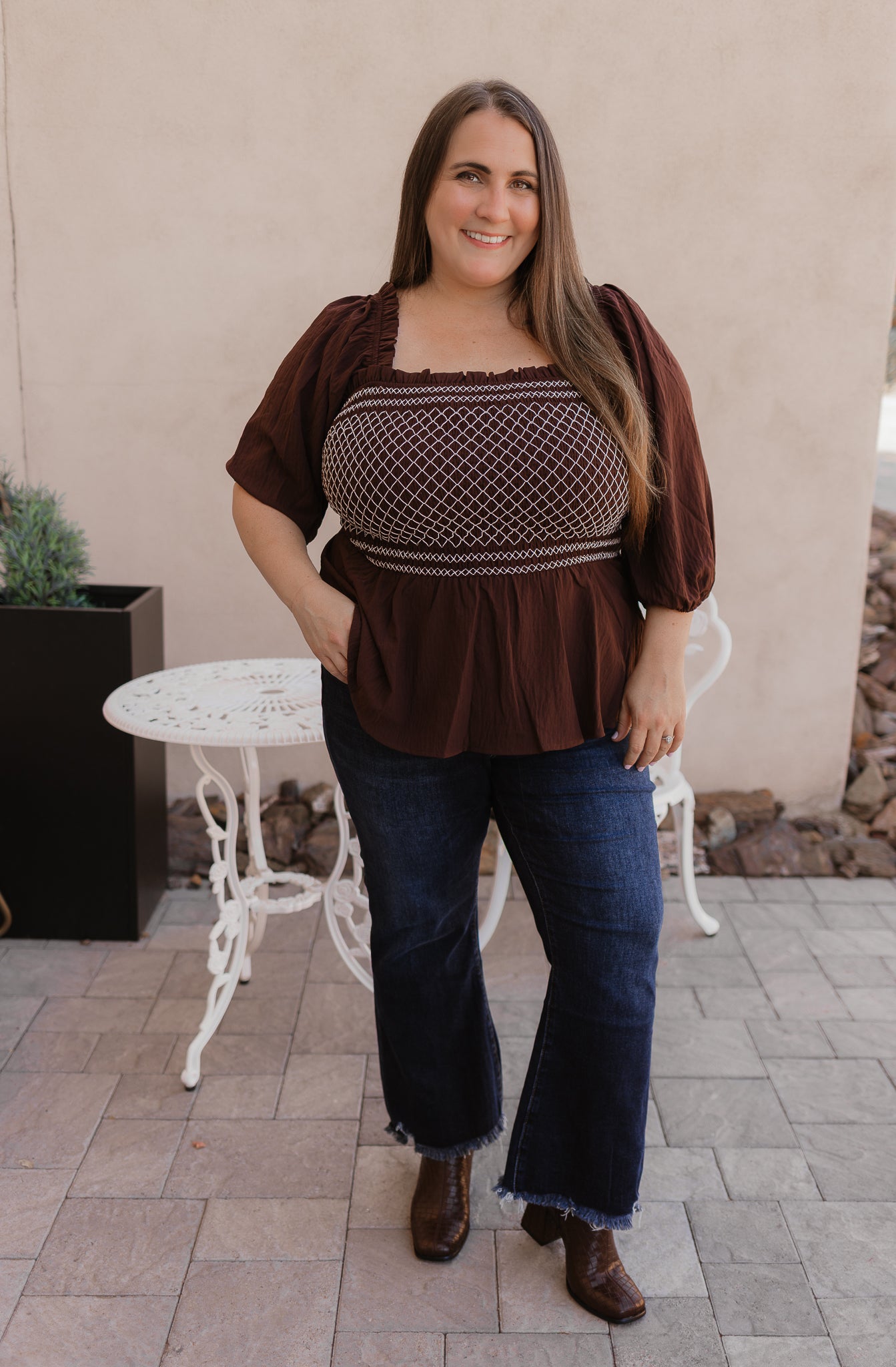 Chocolate Brown Embroidered Ruffle Smocked Peplum Blouse - Image 11