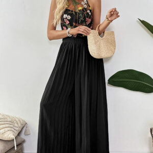 Floral Embroidered Halter Pleated Jumpsuit
